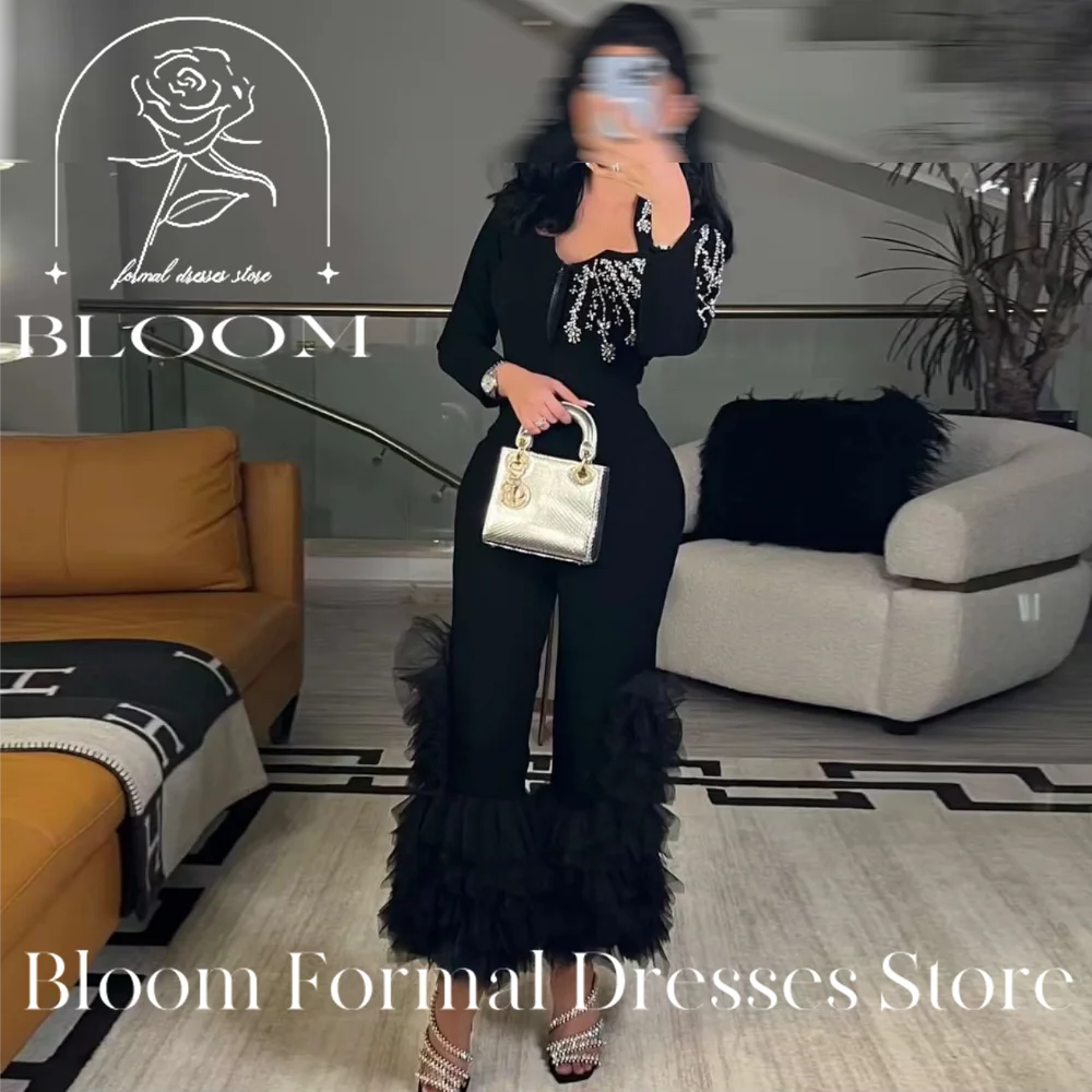 

Bloom Customized Long Sleeves 2-piece Pantsuit Prom Dresses Ruffles Beads Arabia Elegant Evening Dresses Wedding Party Dresses