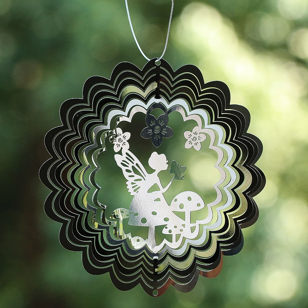 Fairy Rotating Wind Spinner 3D Mirror Reflection Visual Effect Wind Chimes Pendant Garden Yard Hanging Decoration Bird Deterrent