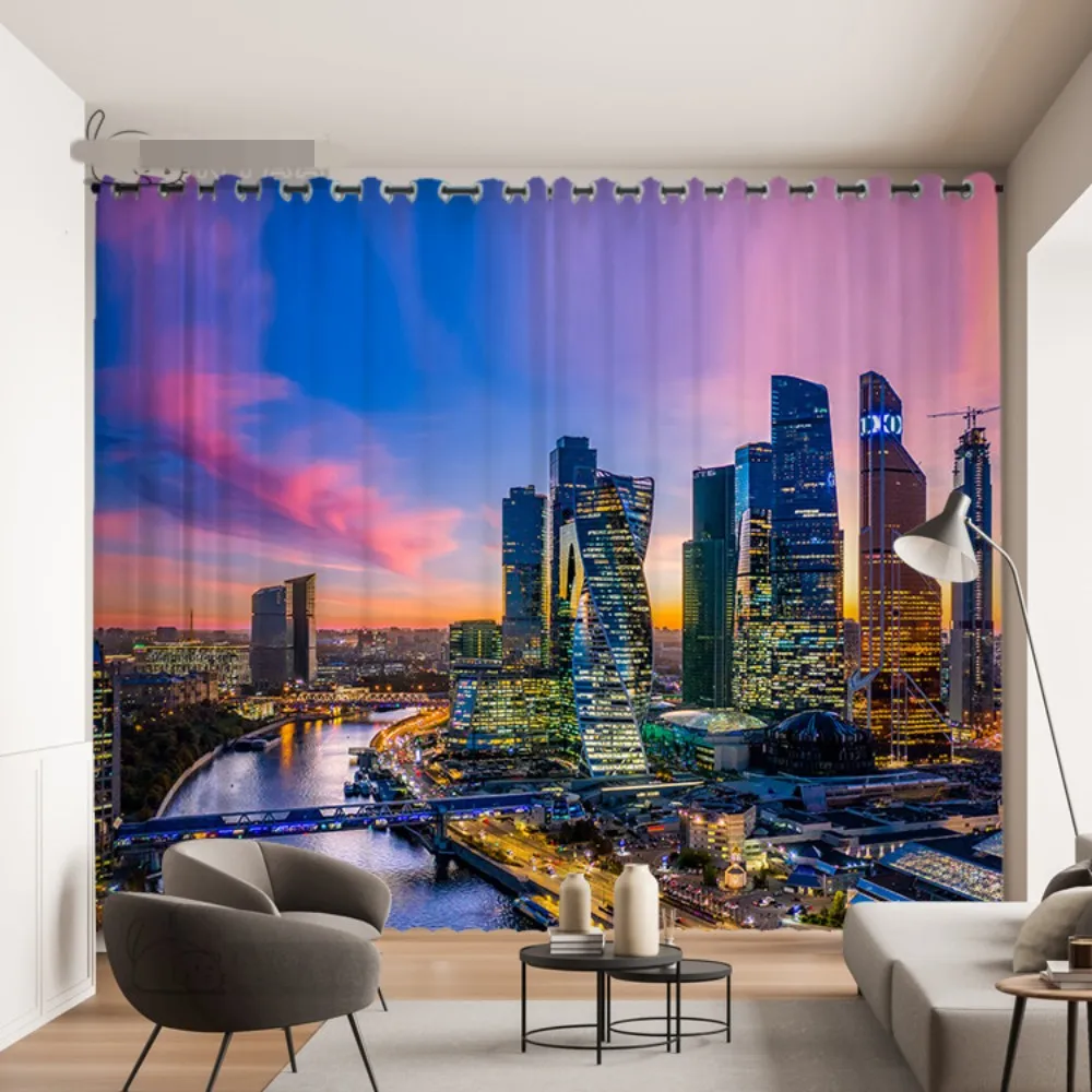 Modern City Night View Printed Curtains for Bedroom Living Room Window 2 panels Grommet Top Rod Pocket Hooks cortinas Big Size