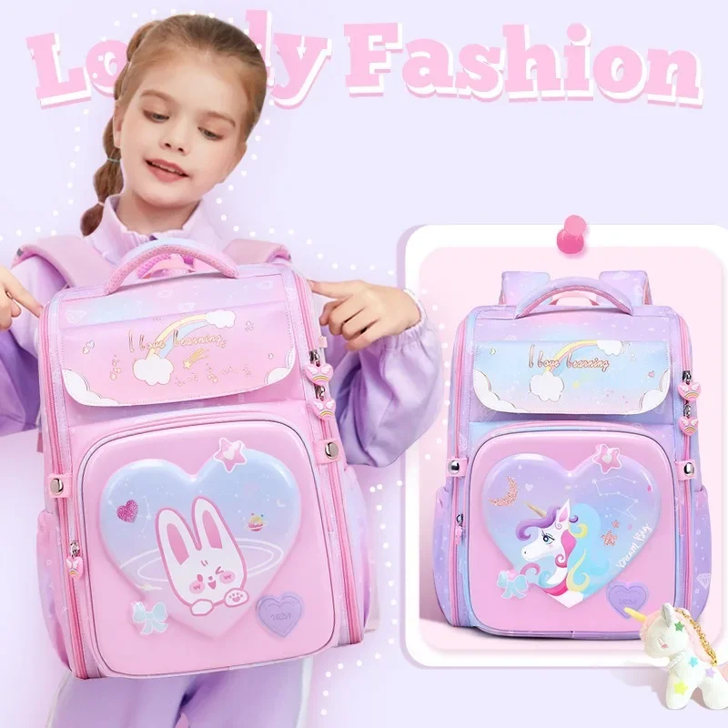 Bolsa de livros da escola primária para meninas, mochila infantil, impermeável, fácil de limpar, 3d, fofa, desenhos animados, unicórnio, princesa