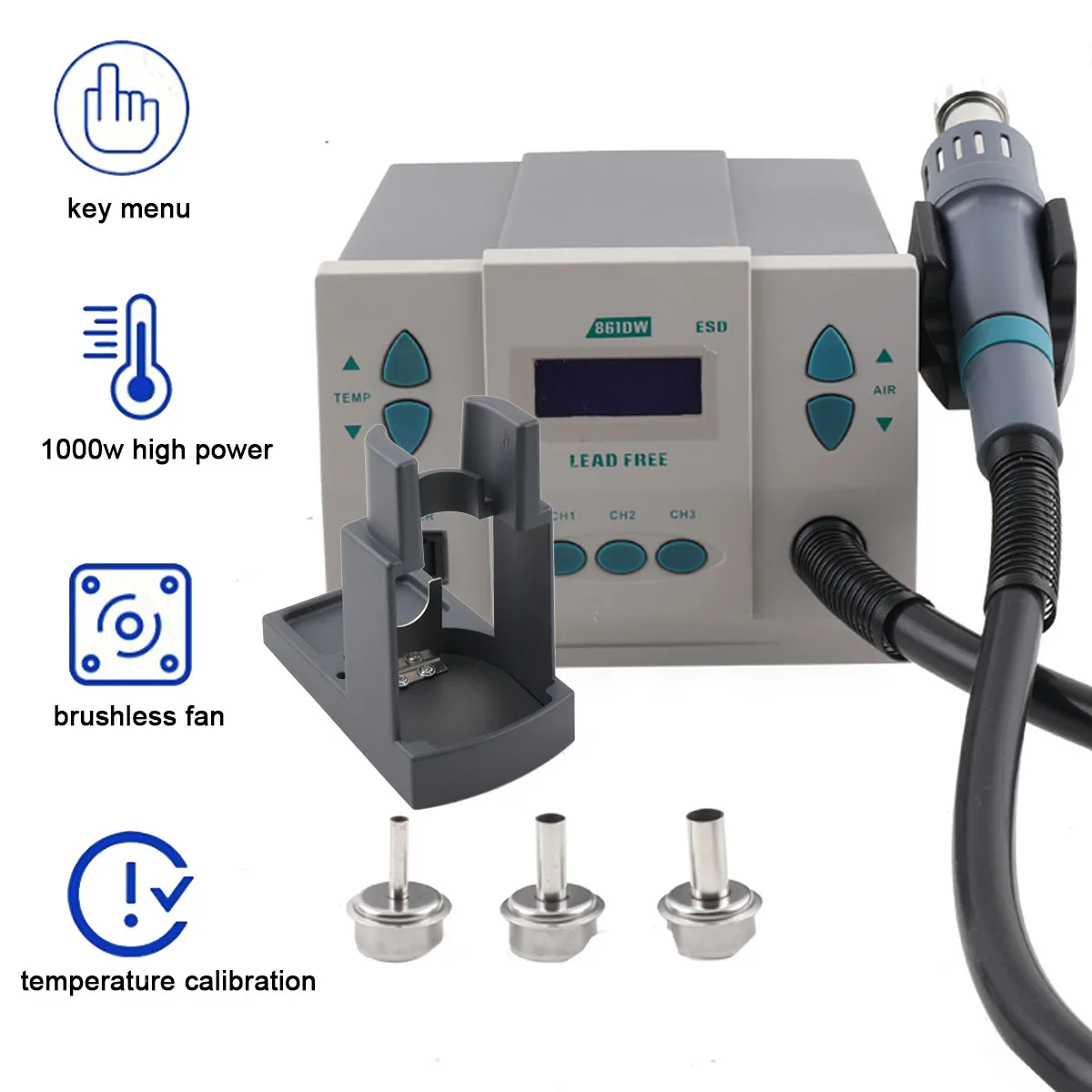 1000W Hot Air Rework Station Electric Soldering Irons Digital Display Hot Air Gun + 3 x Air Nozzles -Temperature Range 100℃~500℃