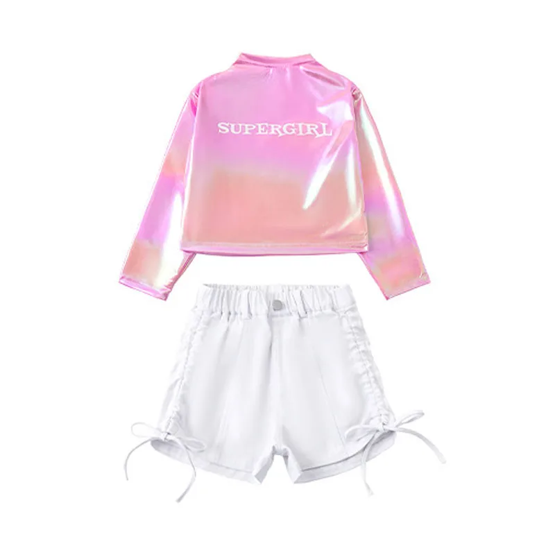 

Kid Hip Hop Clothing Laser Pink Crop Top Long Sleeve T Shirt White Casual Drawstring Shorts for Girl Jazz Dance Costume Clothes