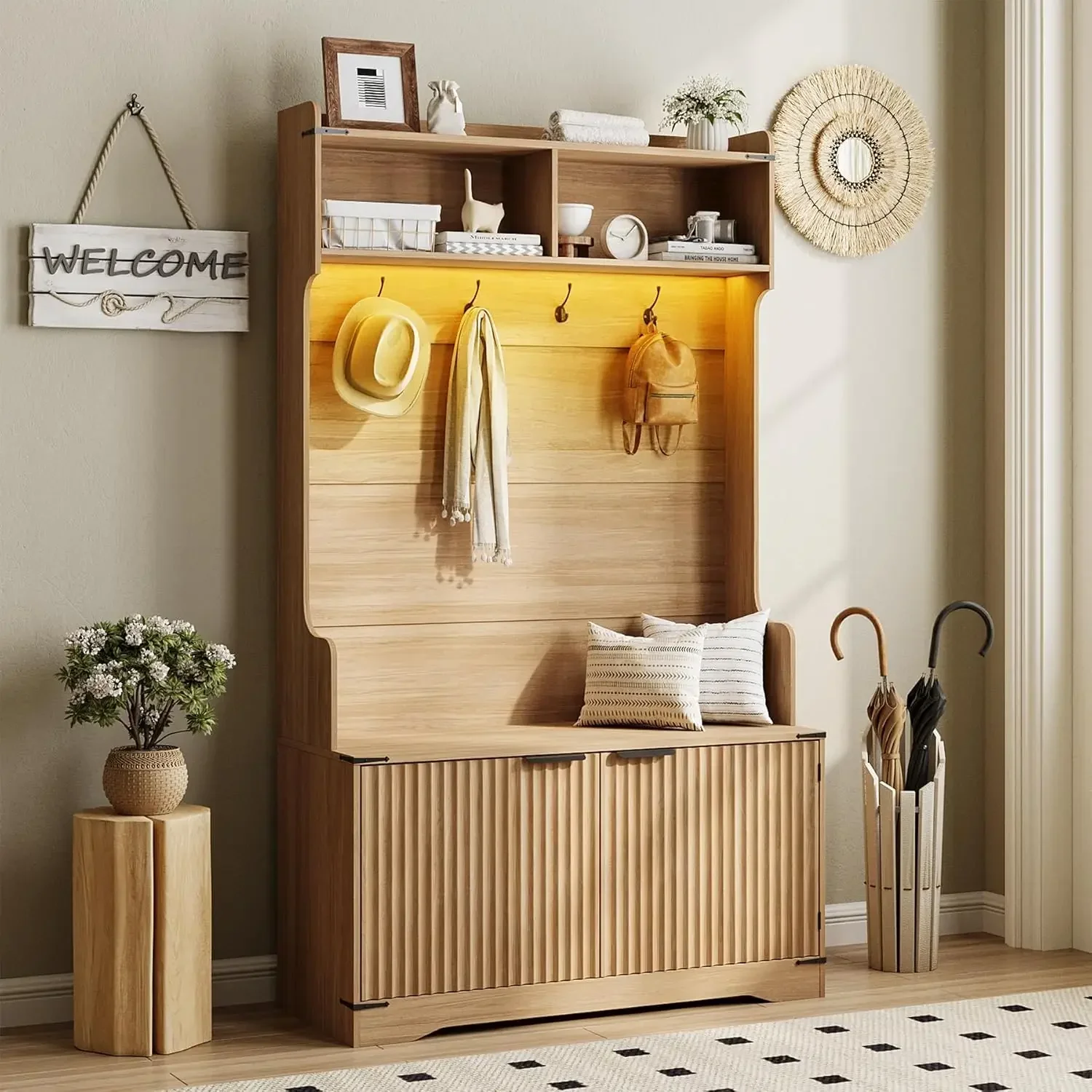 

Бестселлер [Ограниченное количество!] Новинка! Прихожая-гардеробная 67 дюймов с скамейкой и местом для обуви, 5-в-1: вешалка для одежды и обуви, для прихожей/гардеробной B