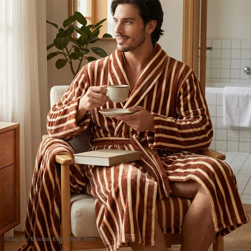 Thicken Flannel Men's Long Robe Kimono Bathrobe Gown Autumn Winter New Sleepwear Home Clothes Camel Stripe Coral Fleece Homewear
