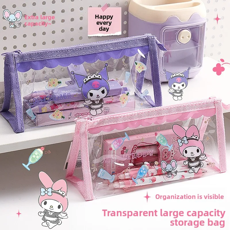 

Прозрачный треугольный пенал Sanrio Kuromi, милая большая вместительная одобренная экзаменационная прозрачная сумка для канцелярских принадлежностей для школьных принадлежностей