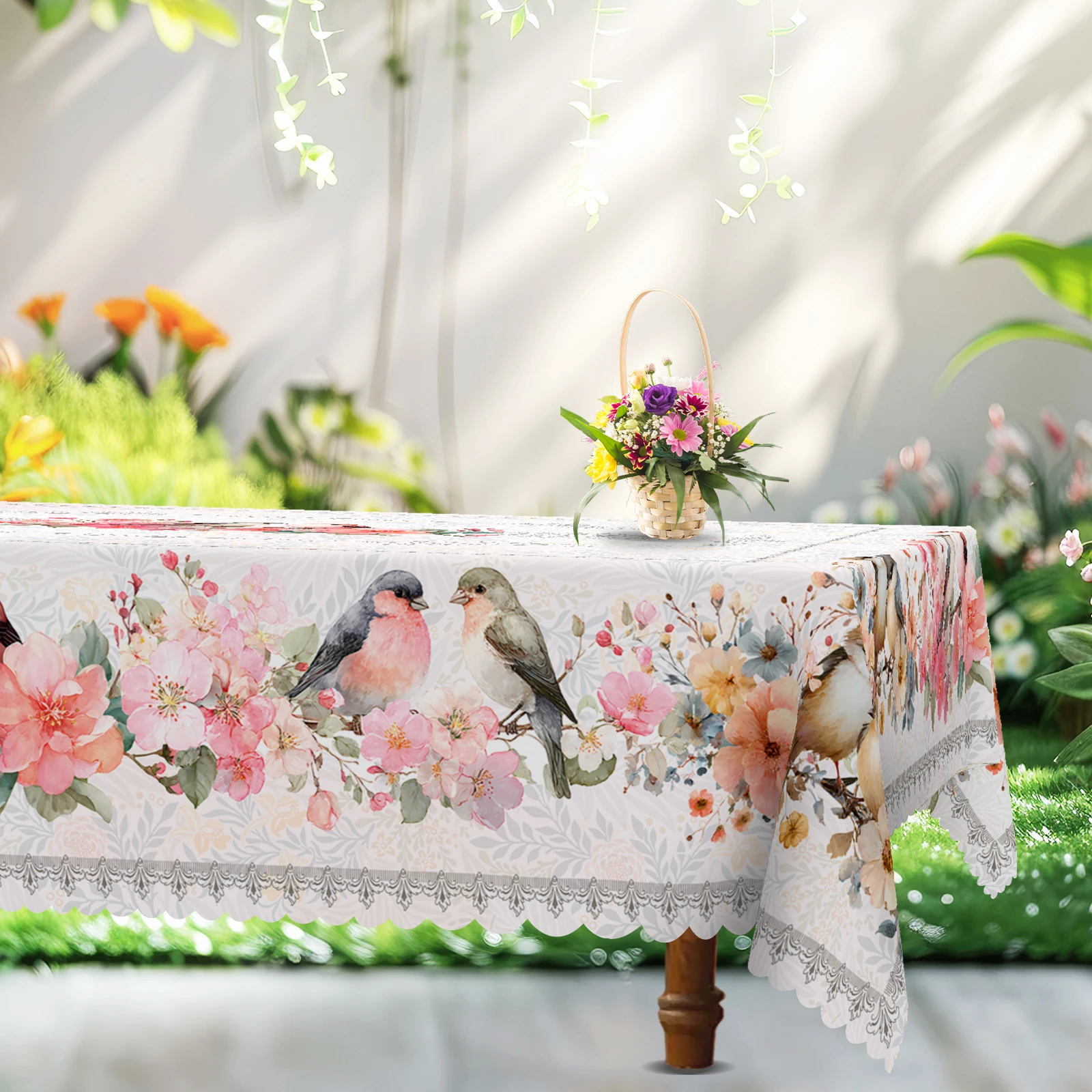 Spring Floral and Bird-Themed Tablecloth, Delicate Flowers, Cute Birds Standing on the Branches, Classic Retro Floral Pattern Print, Multiple Size Options, Embossed Edges, Waterproof, Wrinkle-Resistant, Fade-Resistant, Perfect Gift for Family and Friends, Rectangular and Round Table Covers, Suitable for Spring, Summer, Autumn, and Winter, for Home Kitchens, Rooms, Courtyards, Balconies, Picnics, Cafes, Restaurant Tables.