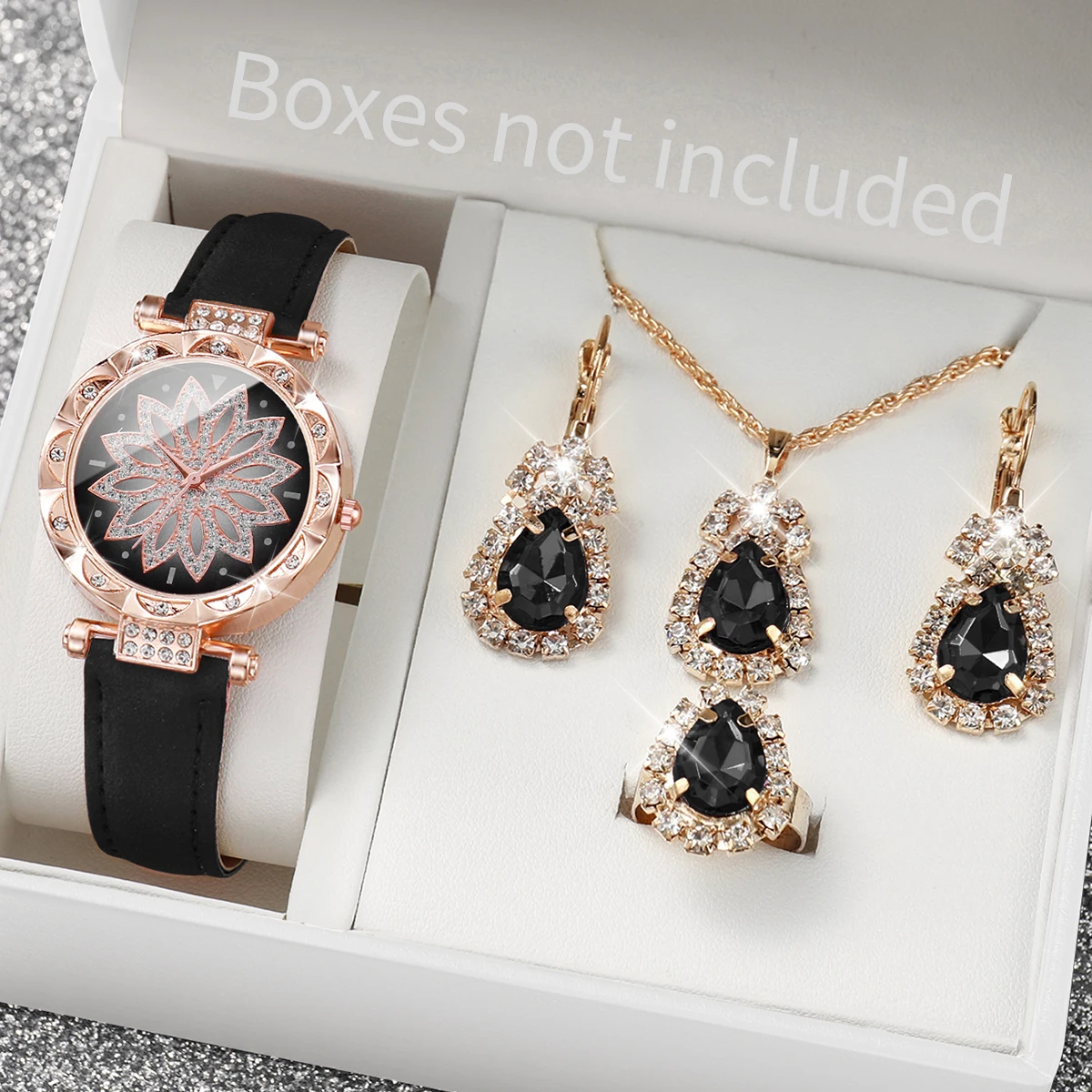 5Pcs/set Fashion Women\'s Watch Flower Dial Quartz Watches Leather Band Wristwatches Rhinestone Jewelry Set(Without Box)