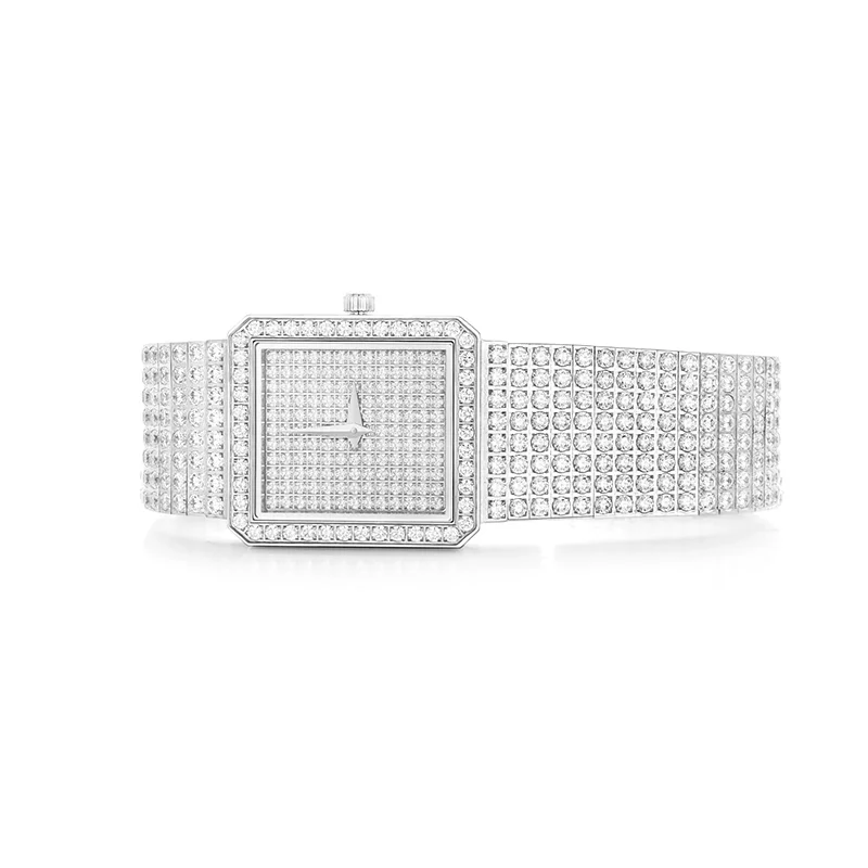 BELLUX Fashion Luxury White Full Diamond Women's Watch Artificial Zircon Unique Square Dial Watch