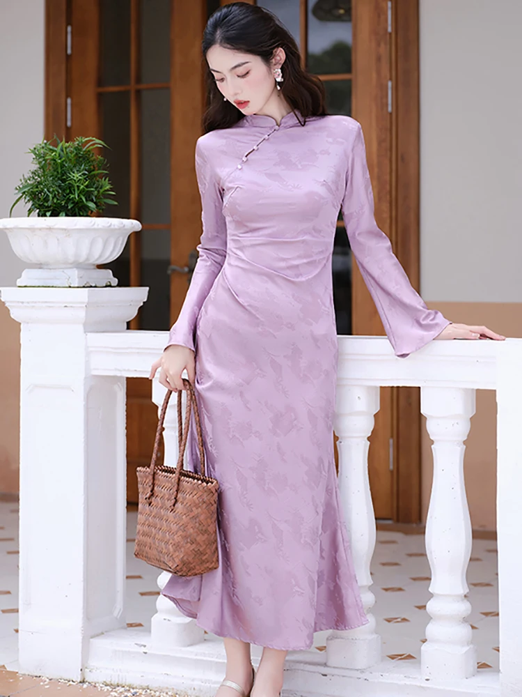 

2025 Purple Jacquard Long Sleeve Stand Collar Maxi Dress Women Vintage Luxury Festival Dress Autumn Korean Bodycon Evening Dress