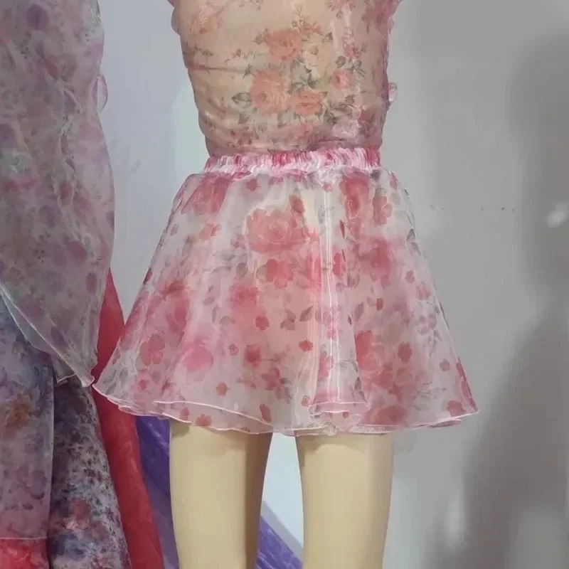 

35cm Double Layered Gloss Flowers Organza Short Skirt Soft Silky Touch Large Swing Half Skirt Princess High Waist fluffy Skirt