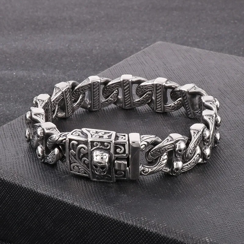 Fongten 22cm Gothic Skull Charm Bracelets For Men Stainless Steel Skeleton Cuban Link Chain Male Bracelets Silver Color Jewelry