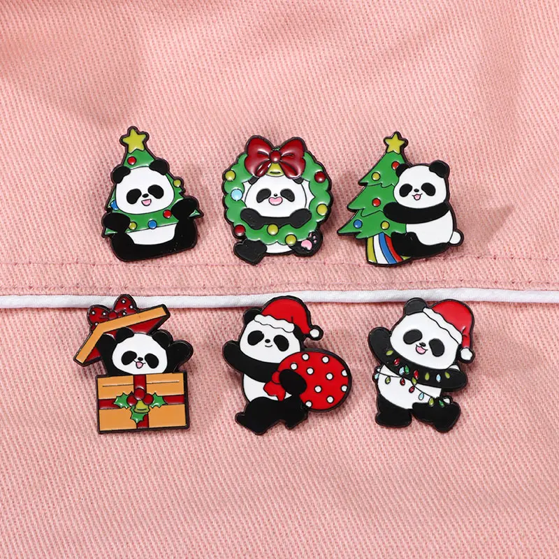 6Styles Cute Christmas Panda Theme Enamel Brooches Wreath Santa Claus Tree Shaped Pins Festival Gift With Free Shipping