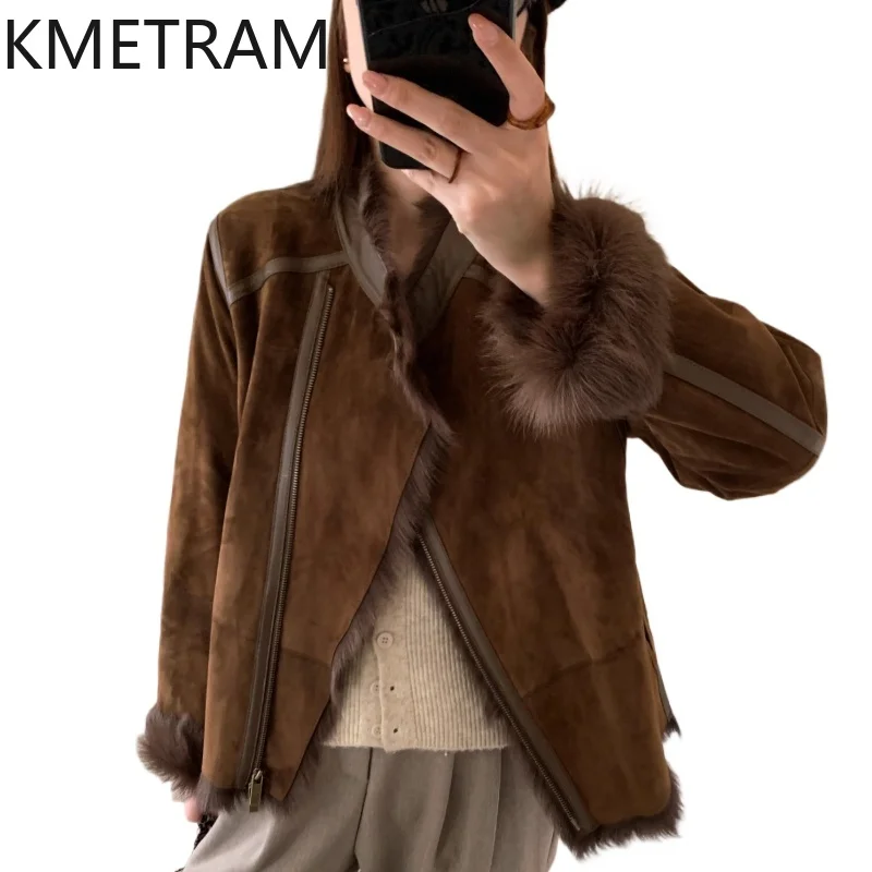 Kurtka damska z prawdziwej koziej skóry z wełną, krótkie futrzane kurtki, nowości 2025, płaszcze zimowe, odzież damska, шуба