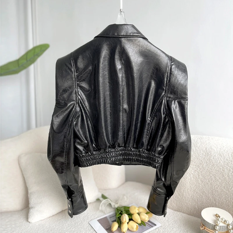 Fashion Design Genuine Leather Jacket Coats for Women 2024 Fall Glossy Leather Female Black Long Sleeve Lambskin Short Jackets