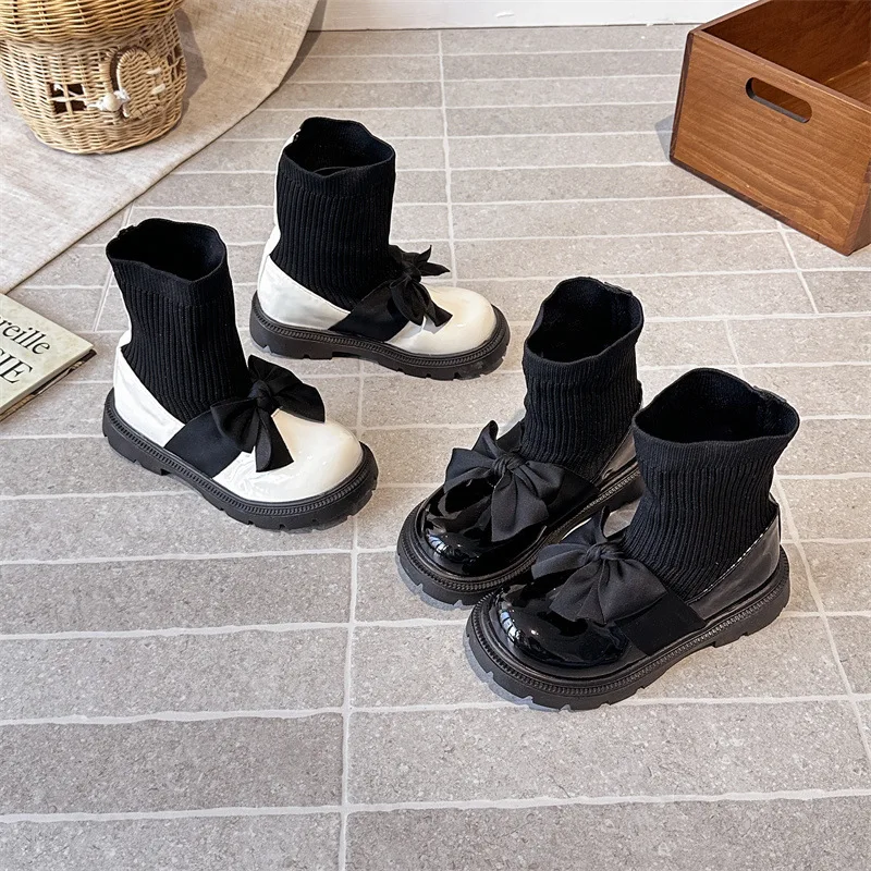 

Girls' Sweet Bow High Top Non Slip Sock Boots 2025 Autumn Children Fashion Versatile Comfortable Thick Sole Princess Short Boots