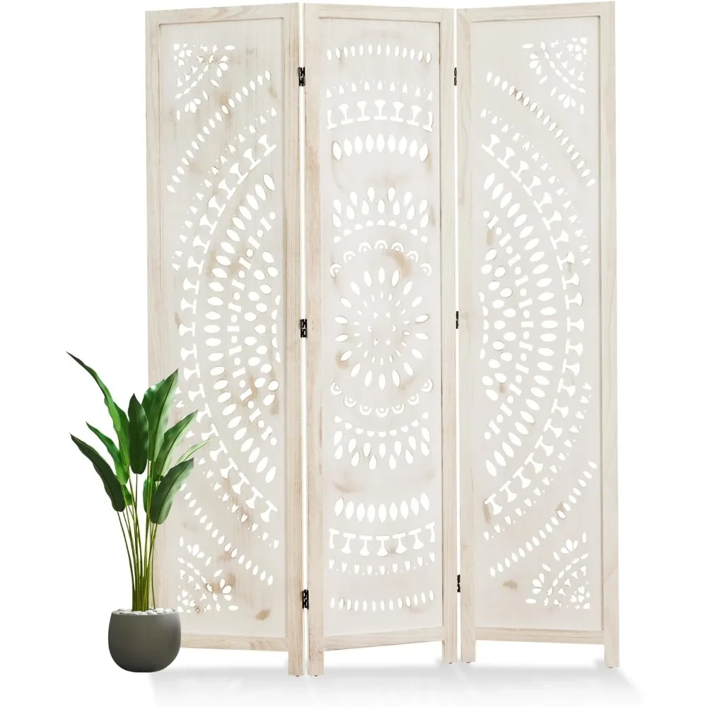 66.9Inch Folding Room Divider, 3 Panels Wood Carved Privacy Screens, Free Assembled Freestanding Partition for Home Office Resta