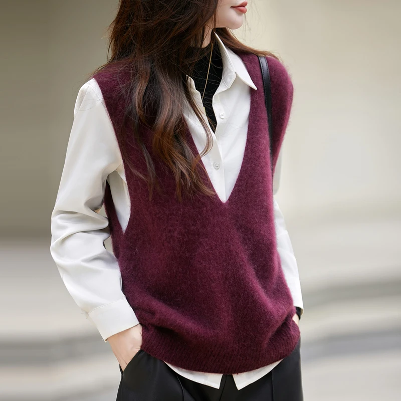

Women's Fluffy Brushed Cashmere Knitted V-Neck Vest Top Winter Seamless Sleeveless Casual Fashion Waistcoat