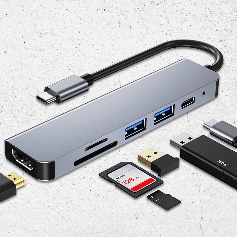 

Концентратор USB C 6 в 1, 100 Вт PD 4K HDMI-совместимый USB-адаптер Устройство чтения карт SD/TF USB C к HDMI-совместиму концентратору для MacBook iPad