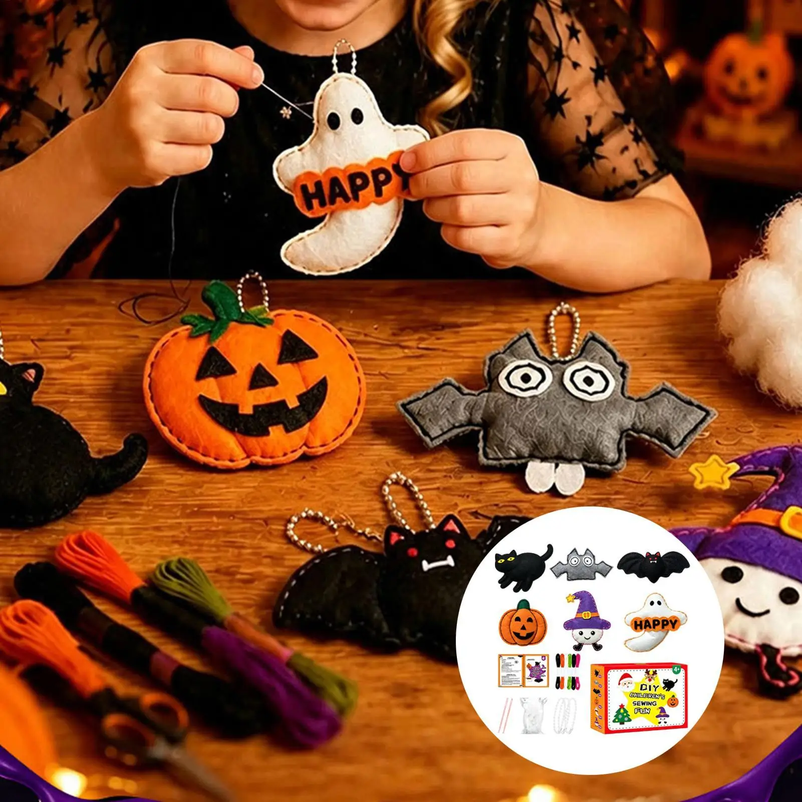 Felt Craft Kit with Thread Needle Halloween Cute Pumpkin Keychain Kids Fabric DIY Sewing Project Kits for Boys Girls Tote