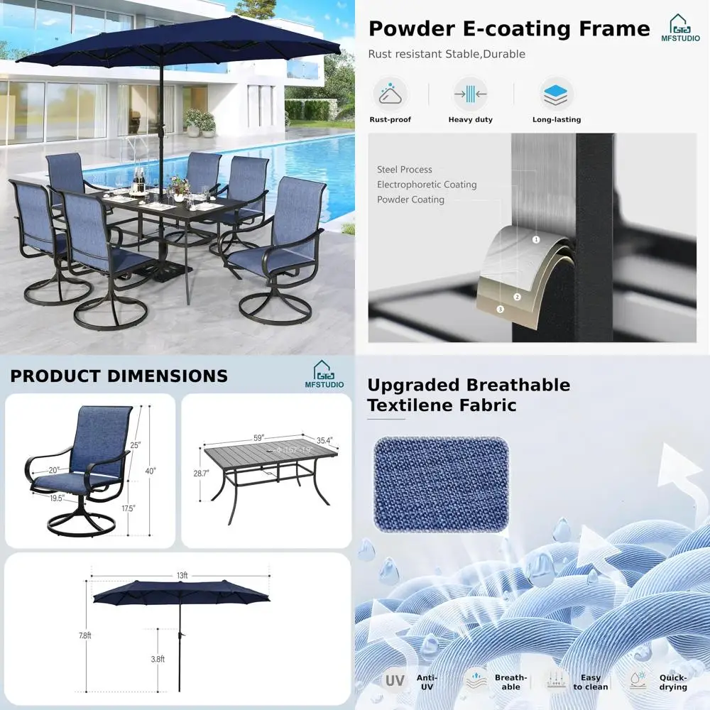 

6-Piece Navy Umbrella Patio Furniture Set with Swivel Chairs, Ideal for Backyard, Deck, and Garden Dining