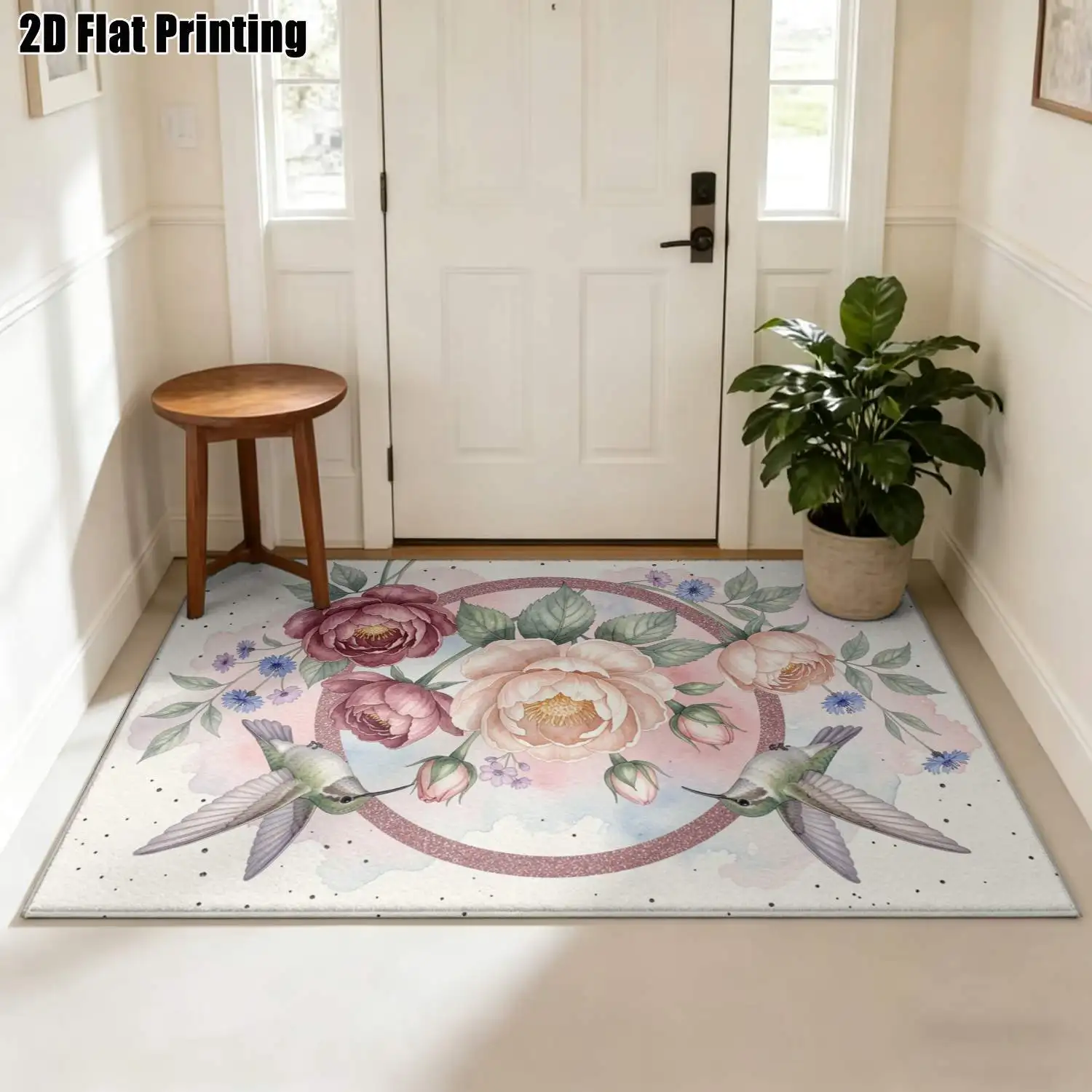 1Pc 2D Printed Carpet: Pink Purple Floral Hummingbird Patterns European/Instagram-Style Vintage Fresh Floral Floor Mat for Home Decor. Multiple Sizes, Machine Washable, Fits Entryway, Dining Room, Foyer, Bedroom, Living Room.