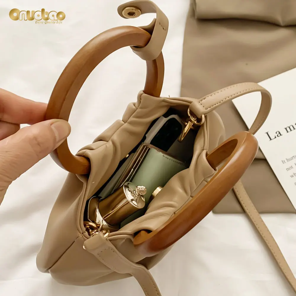 Cloud Bag Bag for Women Fashion Pleated Small Bag Wooden Handle Simple Tote Bags for Ladies