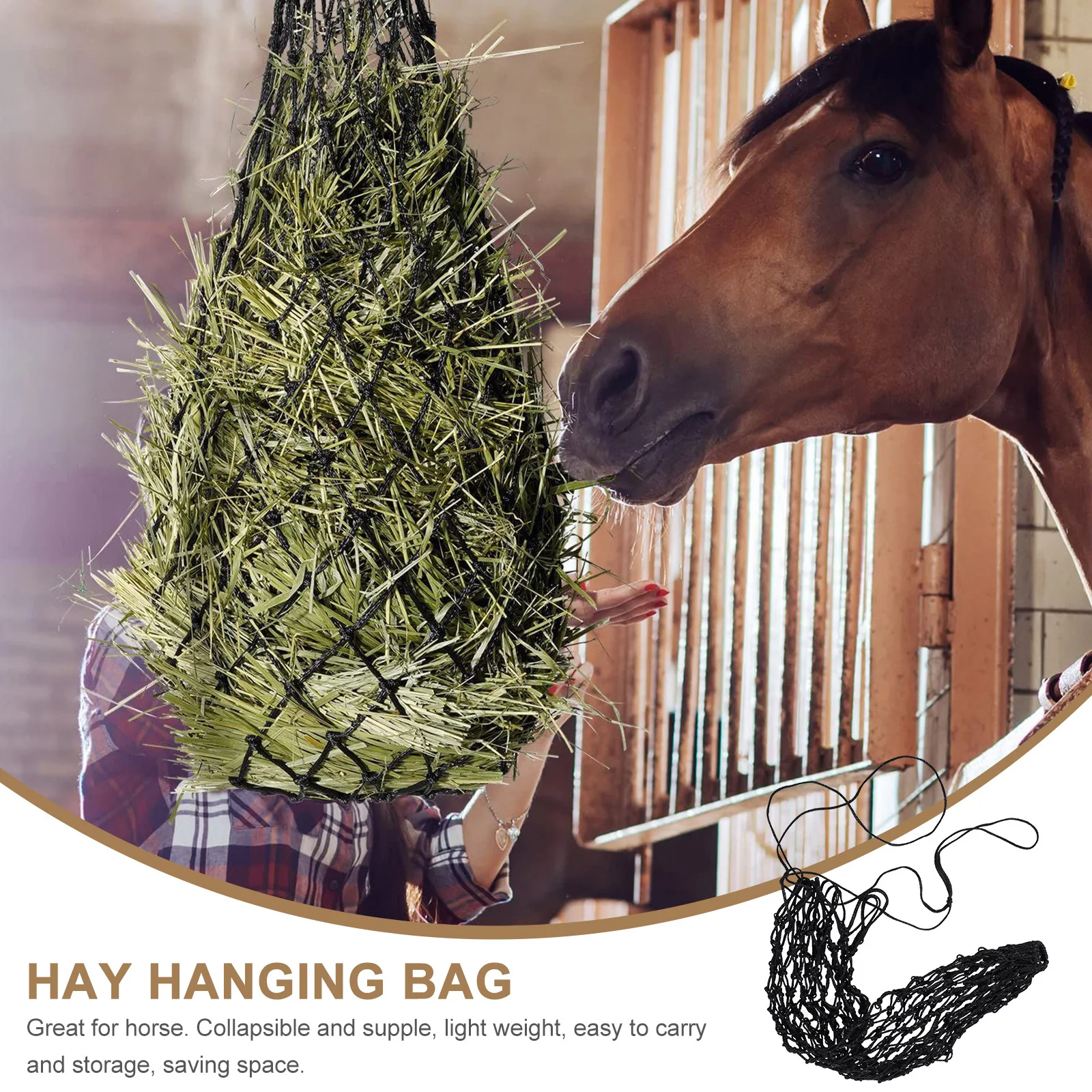 Bolsa alimentadora de heno para alimentación lenta de caballos, soporte de almacenamiento de nailon transpirable de gran capacidad para un uso limpio y sin desorden