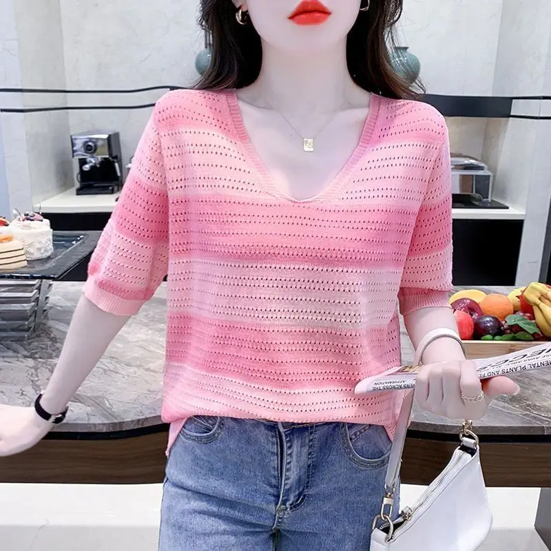 

2023 Summer New Casual Fashion Versatile Women's Top V-neck Short Sleeve Trendy Hollow Out Simplicity Stripe Commuter T-shirt