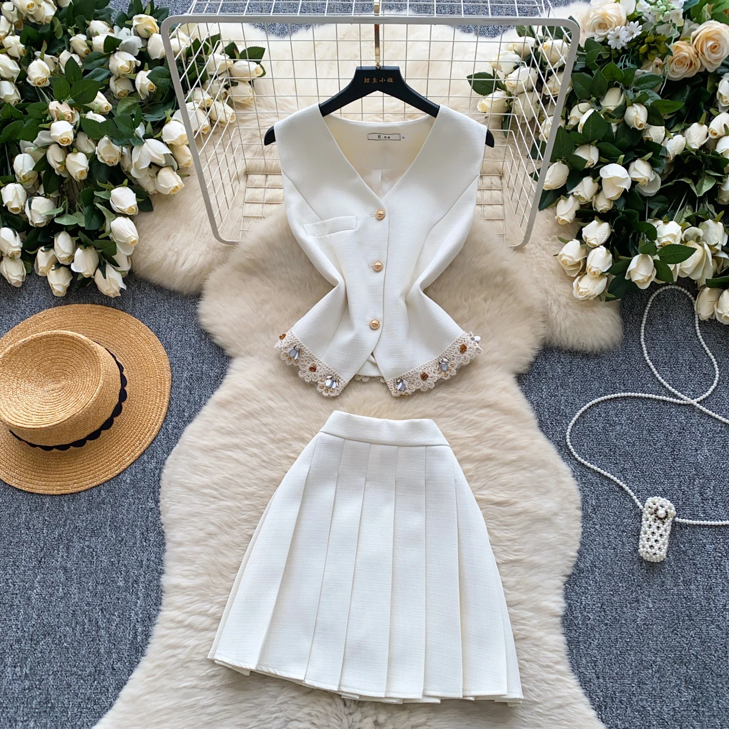 Conjunto de moda sin mangas con diamantes de imitación para mujer, minivestido informal de dos piezas con cuello en V, Top hotsweet