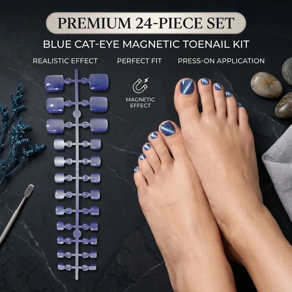24PCS Blue Cat Eye Magnetic Press on Toenails Full Cover Glitter False Feet Nail Tips Set with Luxury Shimmering Shifting Light