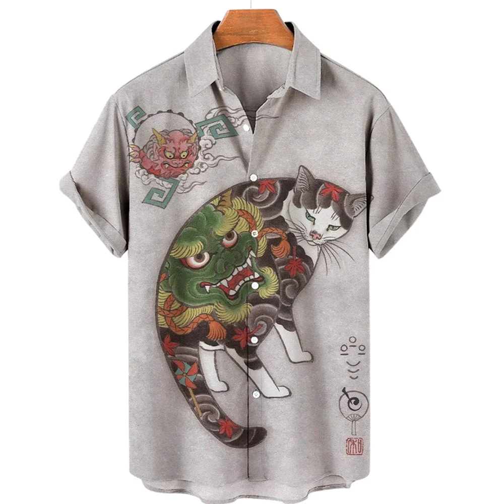 Japanese Art Samurai Cat Pattern Print Short Sleeve Shirt Men\'s Casual Comfortable Top Lapel Button-Down Shirt