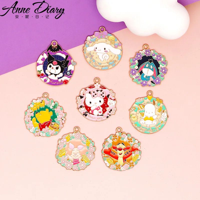 

10pcs Sanrio Flower Ring Kuromi DIY Jewelry Accessories Cute Anime Disney Winnie Bear Keychain Pendant Bag Decoration Drip Oil