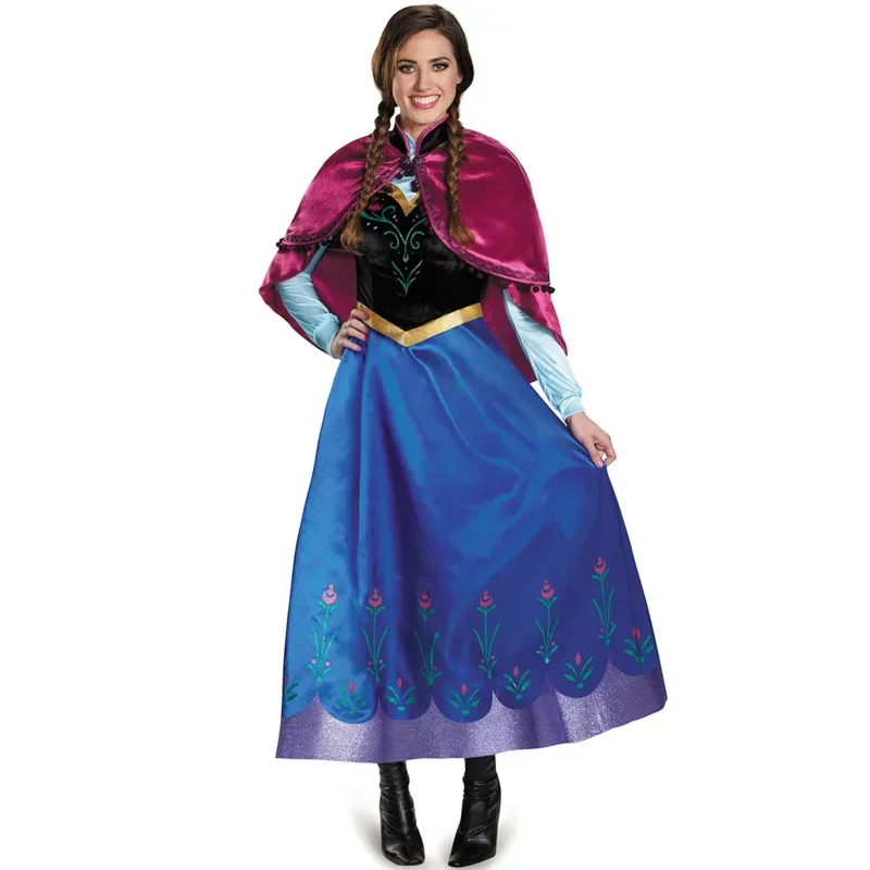 A Halloween Princess Anna Cosplay Costume Dress Cape Outfit Adult Women Ice Queen Arendelle Anna Princess Elsa Cosplay Fancy Dre