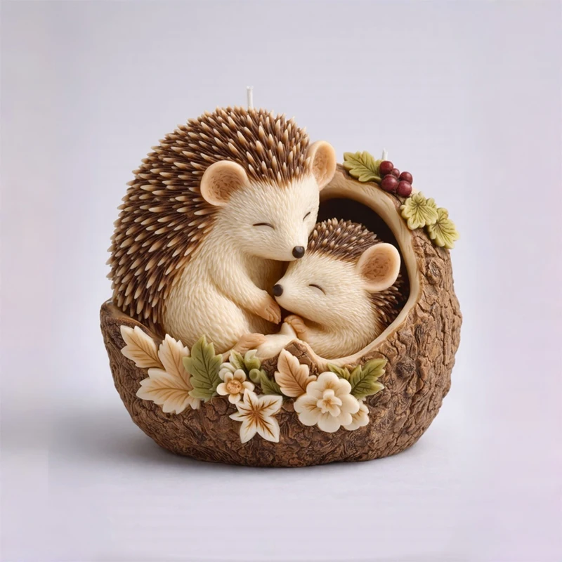 

A Silicone Mold for Making Scented Candles in the Shape of a Hedgehog Family Tree Hole Nest, Featuring Large and Small Hedgehogs Hugging Each Other with Floral and Fruit Decorations, Reusable Handmade Gift Mold