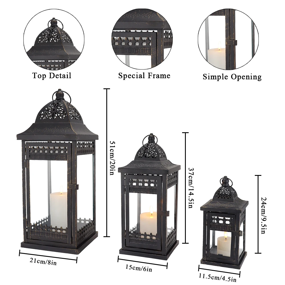 Set of 3 Vintage Black Lantern Durable Garden Metal Lantern Empty Square Candle Lantern for Wedding Decoration