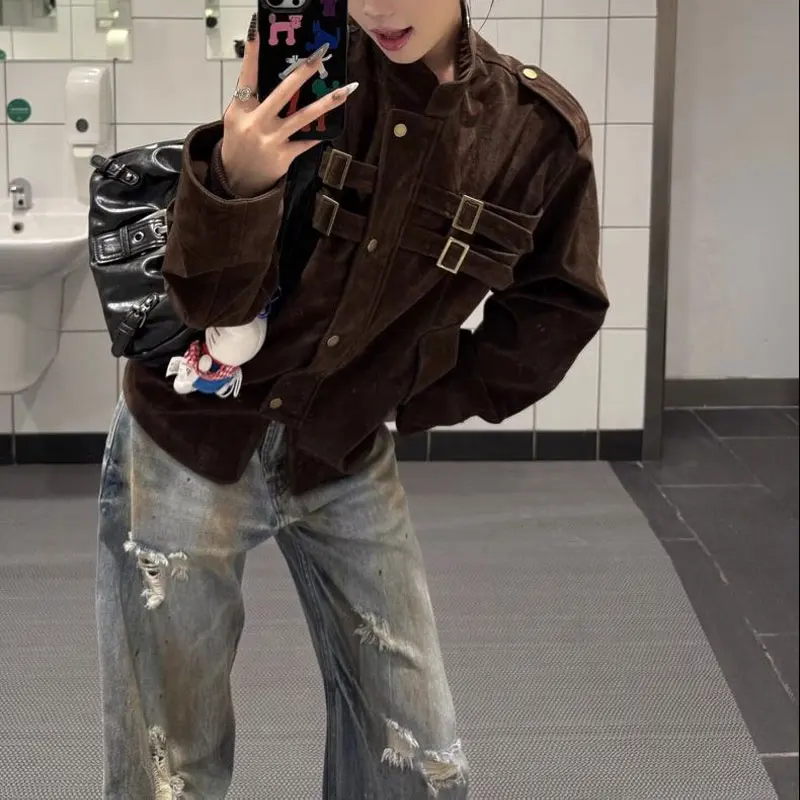 เสื้อแจ็คเก็ตวินเทจลายปะติดแฟชั่น สำหรับฤดูใบไม้ร่วงและฤดูหนาว คอตั้ง เสื้อผ้าผู้หญิง สีพื้น ทรงหลวม กระดุมแถวเดียว เสื้อโค้ทสั้น