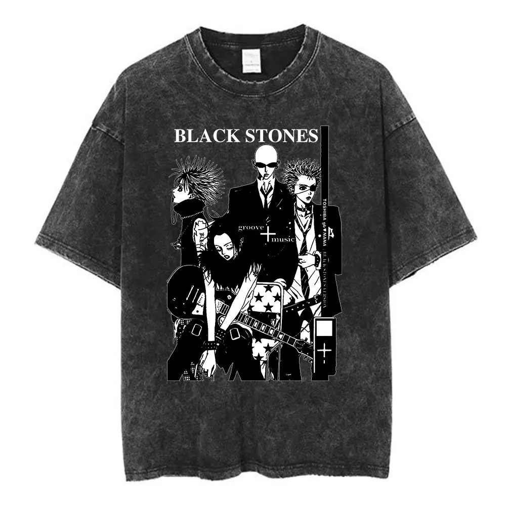 Japanese Anime Black Stones Nana Osaki Vintage Washed T-shirt Men Women Clothing Short Sleeve T-shirts 100% Cotton Loose T shirt