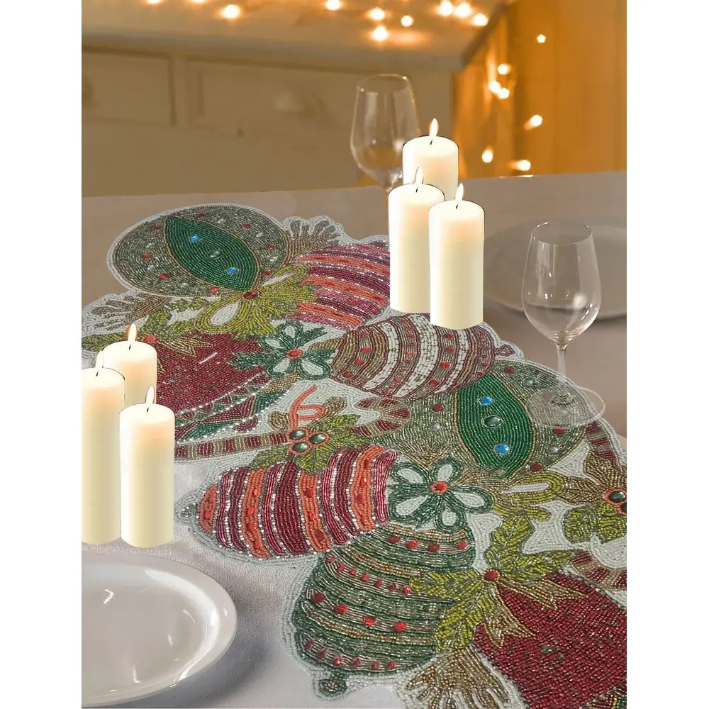

Beaded Christmas Table Runner with Decorative Baubles, Bells, and Mistletoe in Red, White, Green, and Gold - 36 Inches