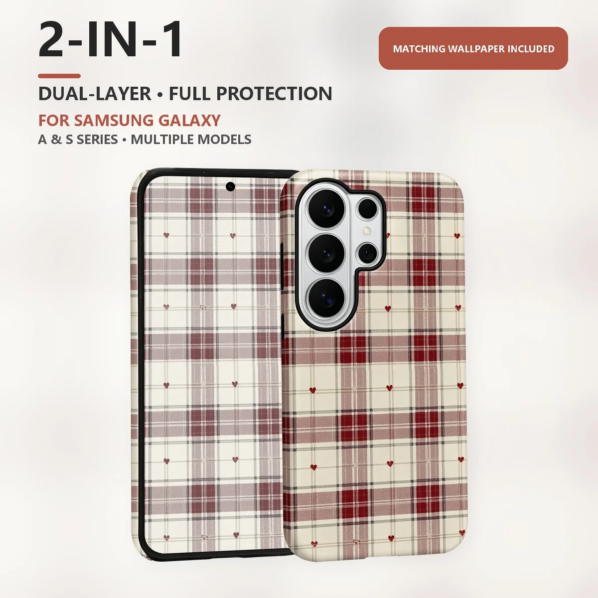 Red Plaid Hearts 2-in-1 Dual-Layer Phone Case for Samsung Galaxy S26 S25 S24 S23 S22 S21 Plus Ultra FE S20 FE A56 A17 A16 A15