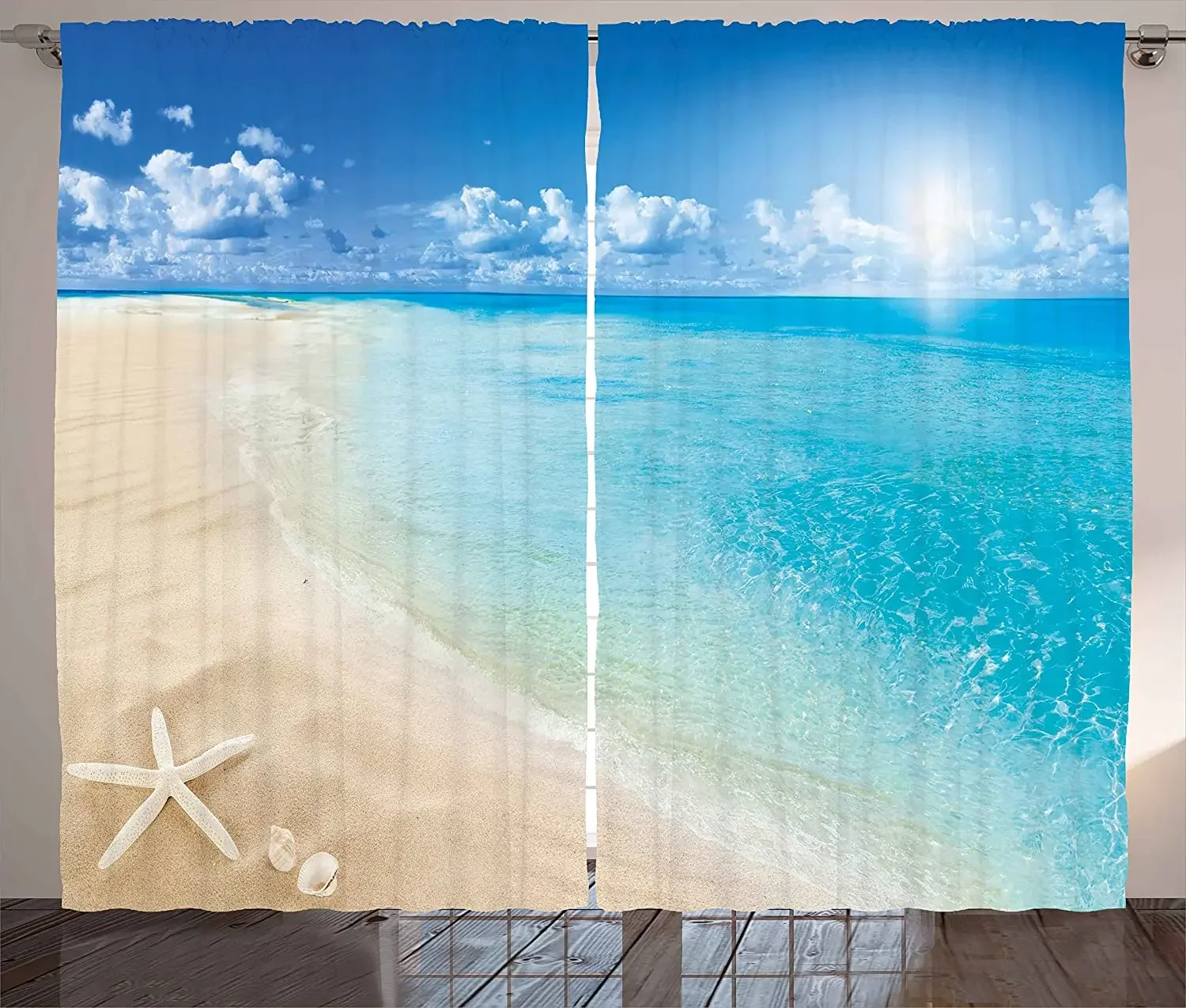 Beach Blackout Curtains Sunny Summer Seashore with Clear Sky Seashells Starfish Clouds Aquatic Picture Window Curtain