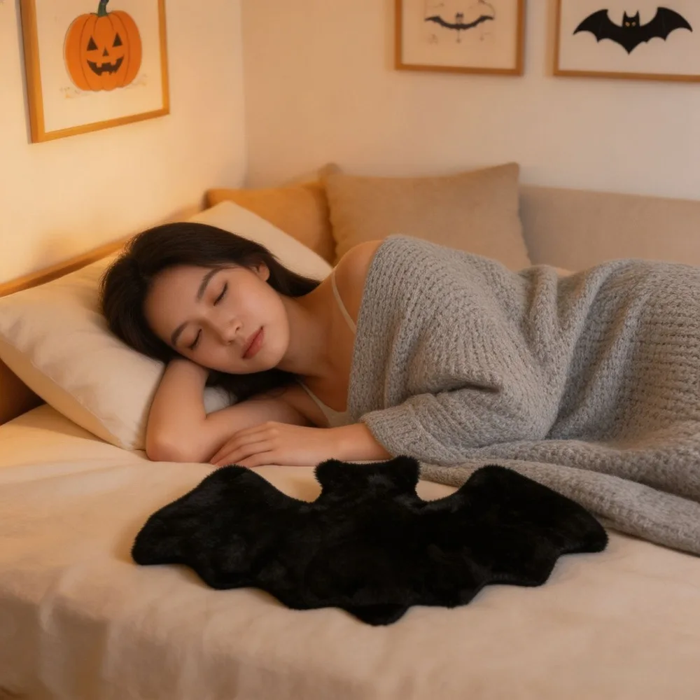 Non-shedding Halloween Bat Throw Pillow Fluffy Surface PP Cotton Filling Bat Sofa Cushions Skin-friendly Black