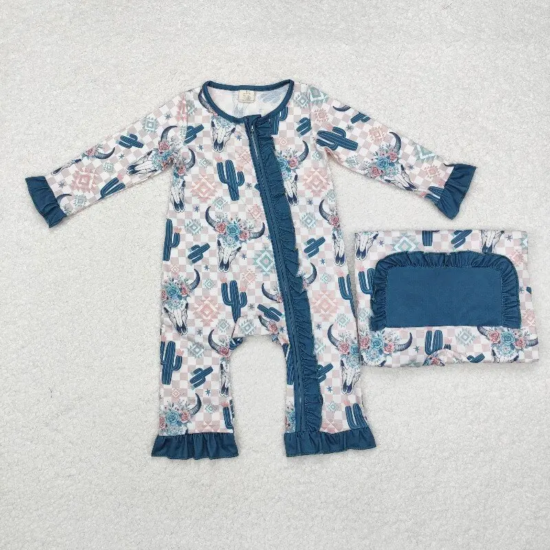 8.18y Western style baby girls romper boutique wholesale cactus pattern plaid green lace zipper long sleeve onesie
