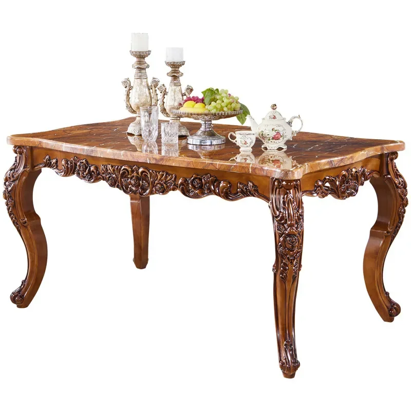 Rectangle carved dining table Full solid wood square table Marble solid wood countertop dining table