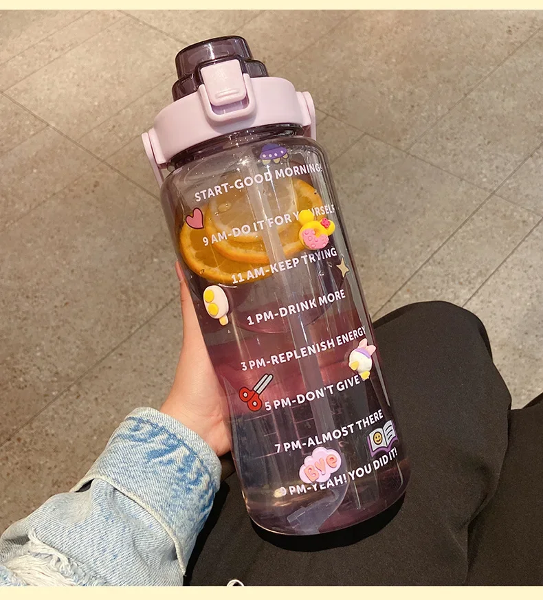 2L Sports Straw Water Bottle with Stickers Portable Large Capacity Fitness Bike Cup Summer Ice Cold Water Jug with Time Marker