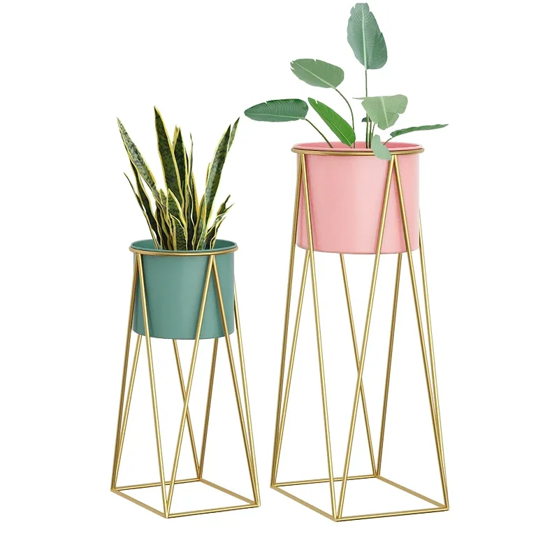 Descuento Estante nórdico Simple de hierro para flores de interior, soportes para plantas de balcón de lujo, estante creativo dorado para decoración