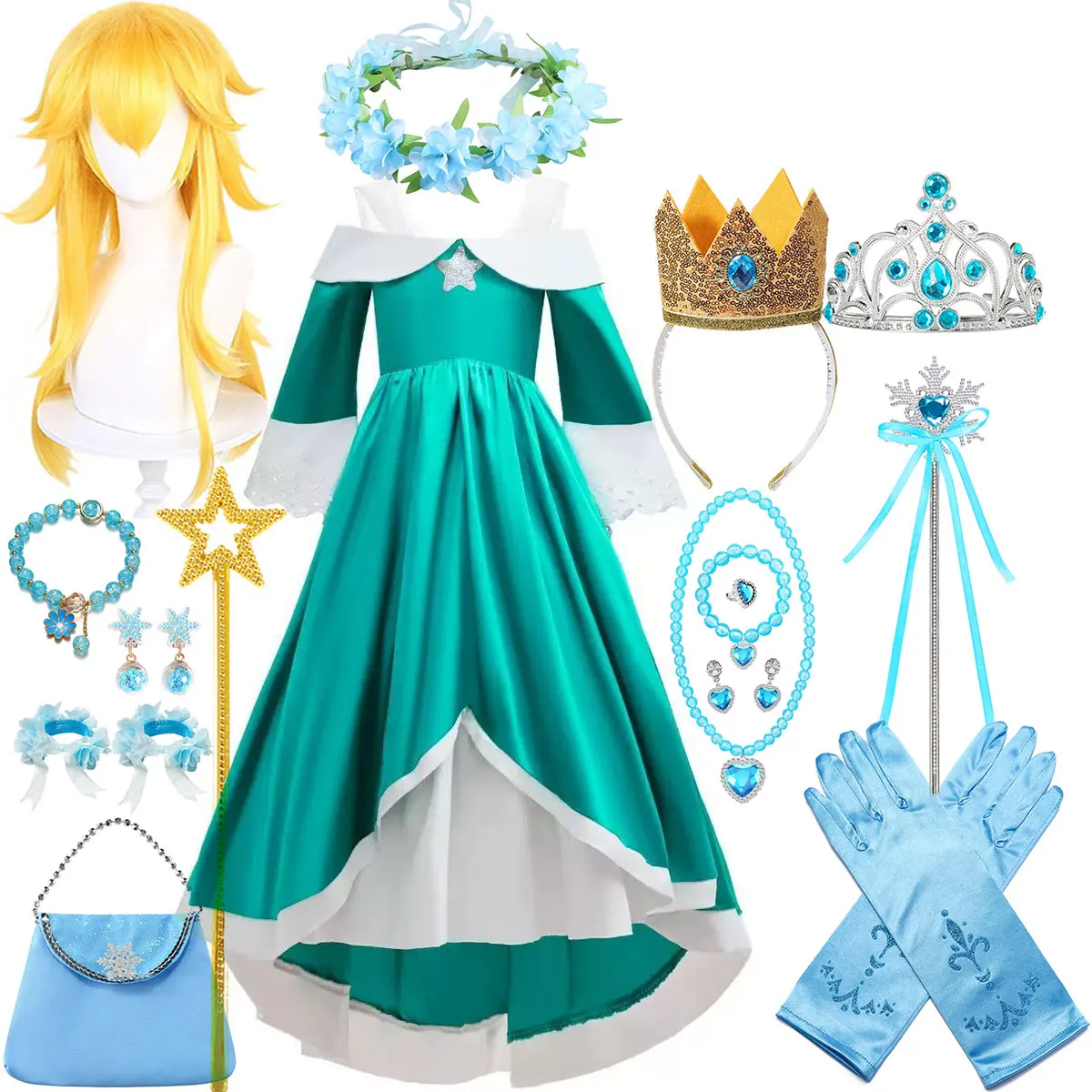 

2026 New Movie Off Shoulder Summer Girls Cosplay‌ Rosalina Dress + Accessories Set Halloween Birthday Party Blue Suspender Dress