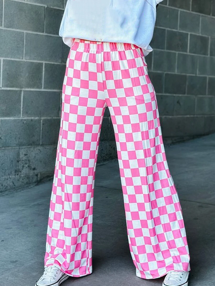 Womens Checkered Wide Leg Pants High Elastic Waisted Straight Loose Fitted LoungeTrouser Y2k Korean Streetwear