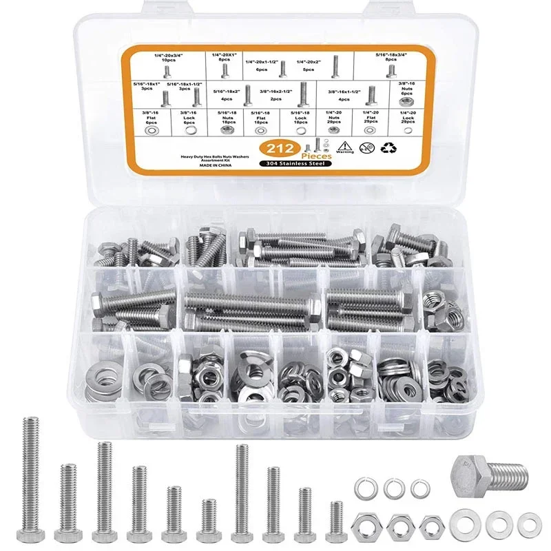 

212PCS UNC Stainless Steel 304 External Hexagonal Screw Assortment Kit 1/4"20-3/8"16 American Hex Bolt and Nut flat Washers Set