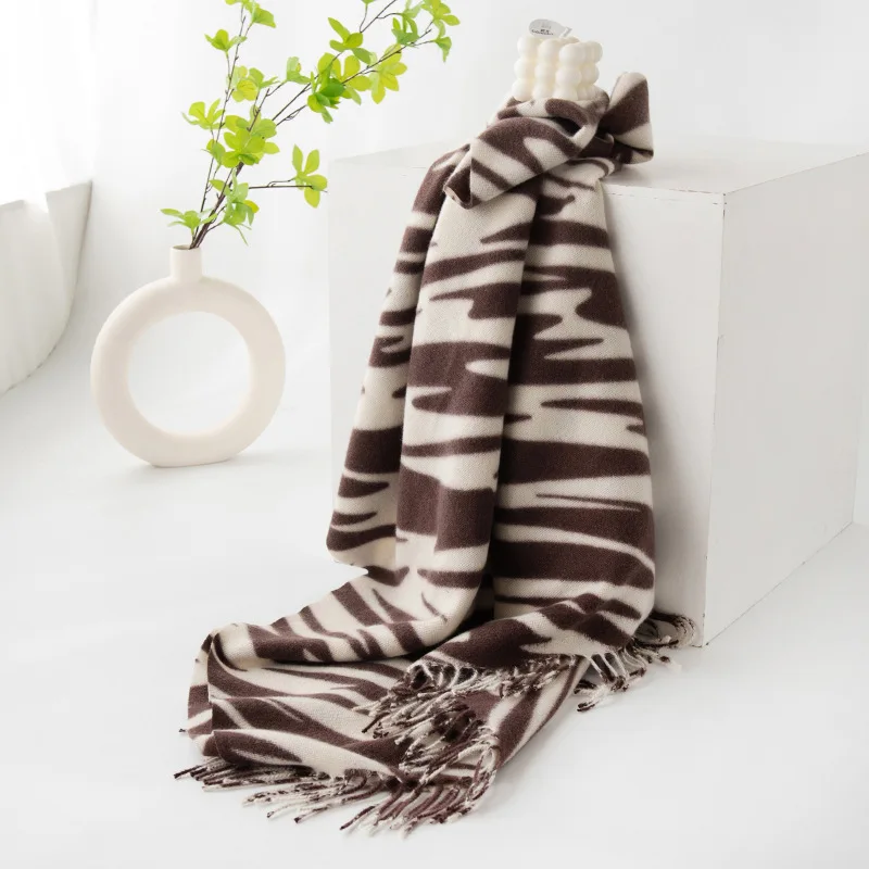 Imitation Cashmere Scarf for Women Fashion Deep Coffee Zebra-stripe Thick Couples Scarves Warm Shawl Clothing Accessories Gift