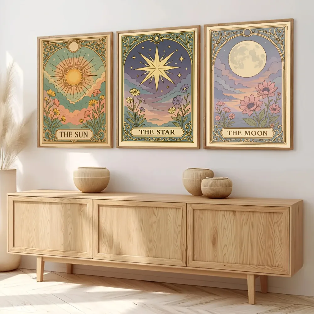 3pcs Frameless Sun,Moon and Stars Tarot Card Canvas Printing,Retro Bohemian Celestial Wall Art,Mysterious Living Room Decoration